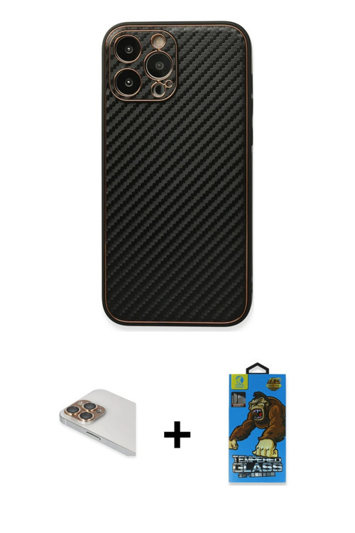 iPhone 13 Pro Max Kılıf Ahenk Işık - Siyah 18D Cam Ekran Koruyucu + Gold Pers Alüminyum Kamera