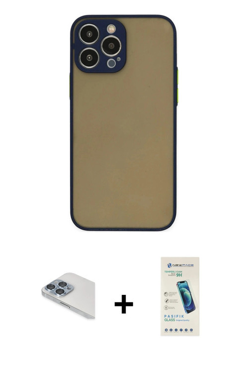 iPhone 13 Pro Max Kılıf Ahenk Çizgi Serisi - Şeffaf Pasifik Cam Ekran Koruyucu + Sierra Blue Pe