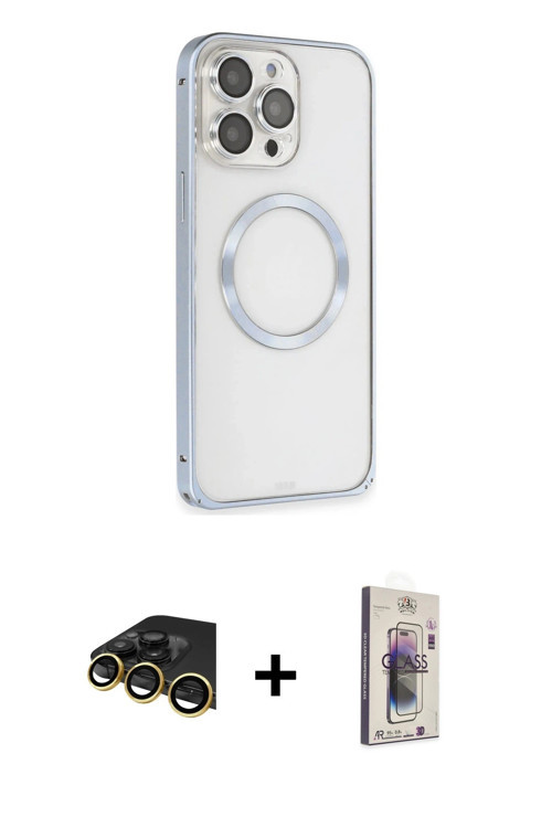 iPhone 13 Pro Max Kılıf Ahenk Işık Serisi - Siyah Bilvis 3D Cam Ekran Koruyucu + Gold Raze Meta