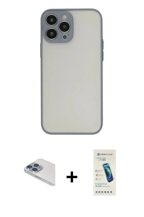 ieg™ iPhone 13 Pro Max Kılıf Ahenk Çizgi Serisi - Şeffaf Pasifik Cam Ekran Koruyucu + Sierra Blue Pe