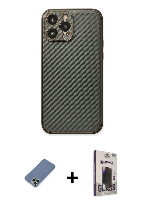 ieg™ iPhone 13 Pro Max Kılıf Ahenk Işık - Siyah Bilvis Hayalet Cam Ekran Koruyucu + Açık Yeşil Metal
