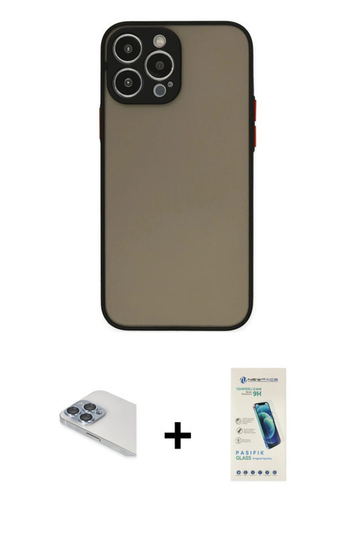 iPhone 13 Pro Max Kılıf Ahenk Çizgi Serisi - Şeffaf Pasifik Cam Ekran Koruyucu + Sierra Blue Pe