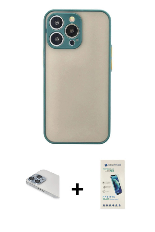 iPhone 13 Pro Max Kılıf Ahenk Çizgi Serisi - Şeffaf Pasifik Cam Ekran Koruyucu + Sierra Blue Pe