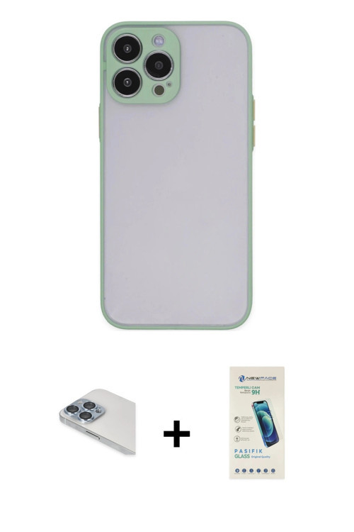 iPhone 13 Pro Max Kılıf Ahenk Çizgi Serisi - Şeffaf Pasifik Cam Ekran Koruyucu + Sierra Blue Pe