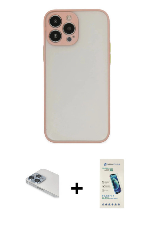 iPhone 13 Pro Max Kılıf Ahenk Çizgi Serisi - Şeffaf Pasifik Cam Ekran Koruyucu + Sierra Blue Pe