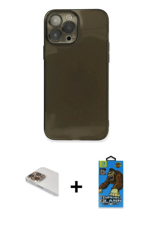 ieg™ iPhone 13 Pro Max Kılıf Ahenk Doku - Siyah 18D Cam Ekran Koruyucu + Gold Pers Alüminyum Kamera
