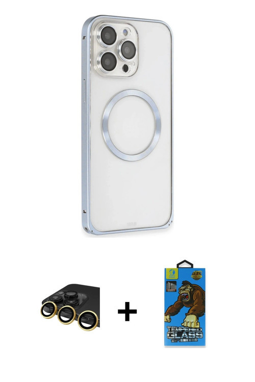 ieg™ iPhone 13 Pro Max Kılıf Ahenk Işık Serisi - Siyah 18D Cam Ekran Koruyucu + Gold Raze Metal Kame
