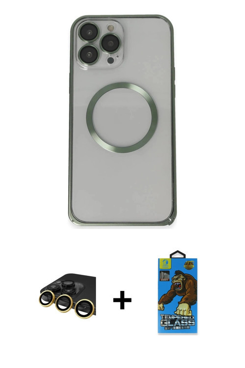 ieg™ iPhone 13 Pro Max Kılıf Ahenk Işık Serisi - Siyah 18D Cam Ekran Koruyucu + Gold Raze Metal Kame