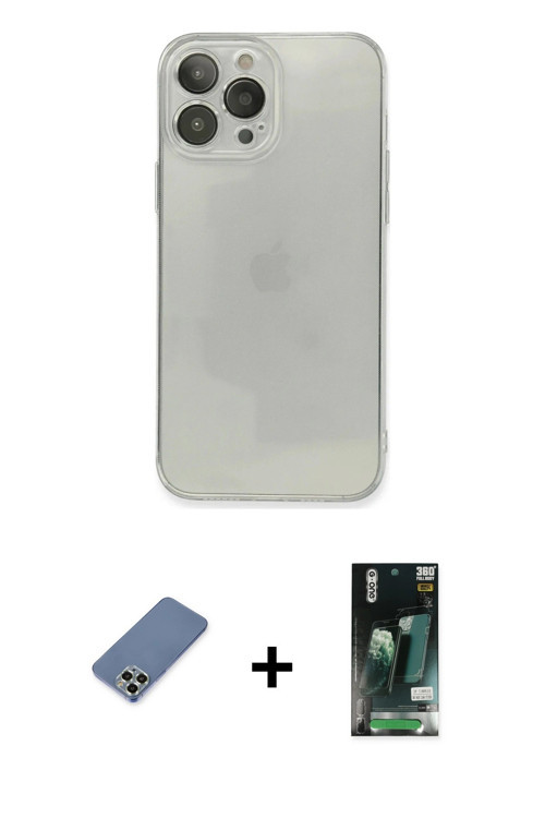 ieg™ iPhone 13 Pro Max Kılıf Ahenk Doku - Şeffaf 360 Full Body Arka Koruyucu + Açık Yeşil Metal Kame
