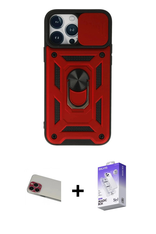 ieg™ iPhone 13 Pro Max Kılıf Ahenk Klasik - Siyah Bilvis 5in1 3D Magic Cam Ekran Koruyucu + Kırmızı