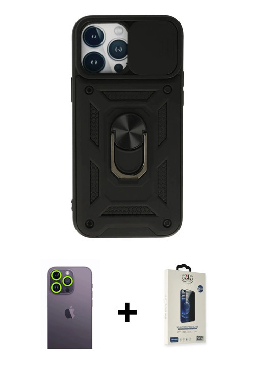 ieg™ iPhone 13 Pro Max Kılıf Ahenk Klasik - Siyah Bilvis Hayalet Cam Ekran Koruyucu + Yeşil Neon Fos