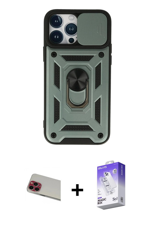 ieg™ iPhone 13 Pro Max Kılıf Ahenk Klasik - Siyah Bilvis 5in1 3D Magic Cam Ekran Koruyucu + Kırmızı