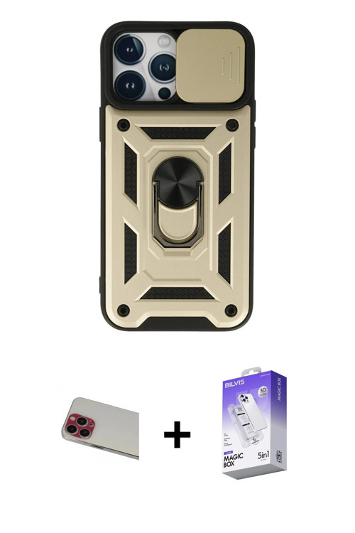 ieg™ iPhone 13 Pro Max Kılıf Ahenk Klasik - Siyah Bilvis 5in1 3D Magic Cam Ekran Koruyucu + Kırmızı