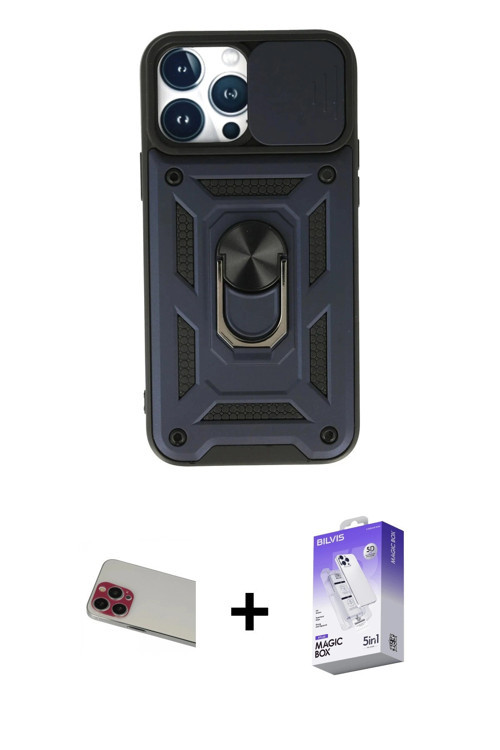 ieg™ iPhone 13 Pro Max Kılıf Ahenk Klasik - Siyah Bilvis 5in1 3D Magic Cam Ekran Koruyucu + Kırmızı