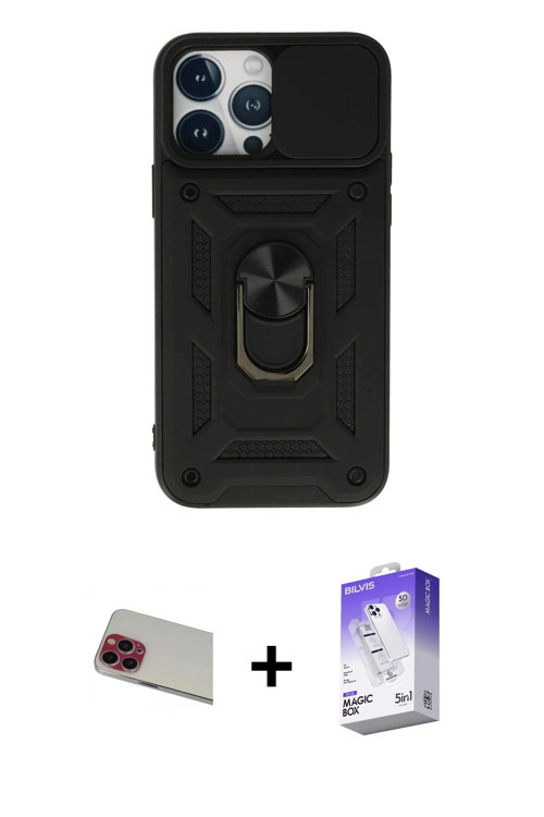 ieg™ iPhone 13 Pro Max Kılıf Ahenk Klasik - Siyah Bilvis 5in1 3D Magic Cam Ekran Koruyucu + Kırmızı