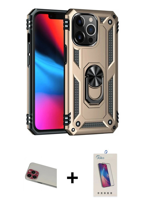 ieg™ iPhone 13 Pro Max Kılıf Ahenk Klasik Koleksiyonu - Siyah Joko 5D Cam + Kırmızı Rainbow Kamera L