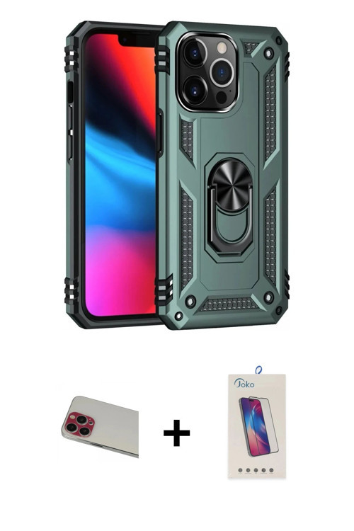 ieg™ iPhone 13 Pro Max Kılıf Ahenk Klasik Koleksiyonu - Siyah Joko 5D Cam + Kırmızı Rainbow Kamera L