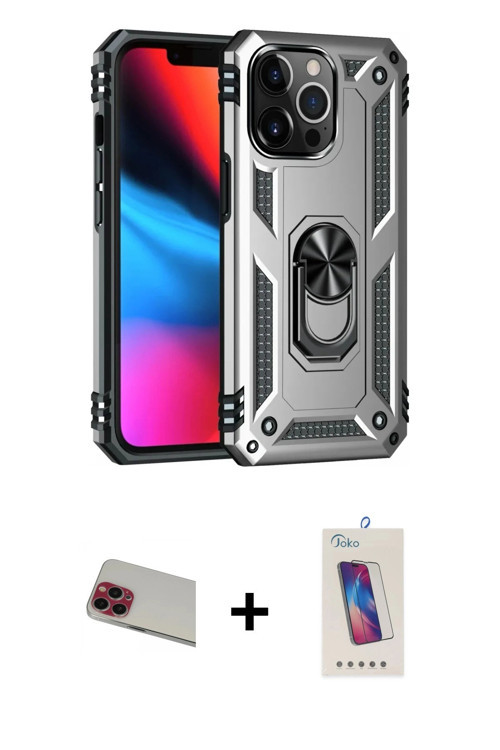 ieg™ iPhone 13 Pro Max Kılıf Ahenk Klasik Koleksiyonu - Siyah Joko 5D Cam + Kırmızı Rainbow Kamera L