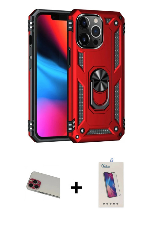 ieg™ iPhone 13 Pro Max Kılıf Ahenk Klasik Koleksiyonu - Siyah Joko 5D Cam + Kırmızı Rainbow Kamera L