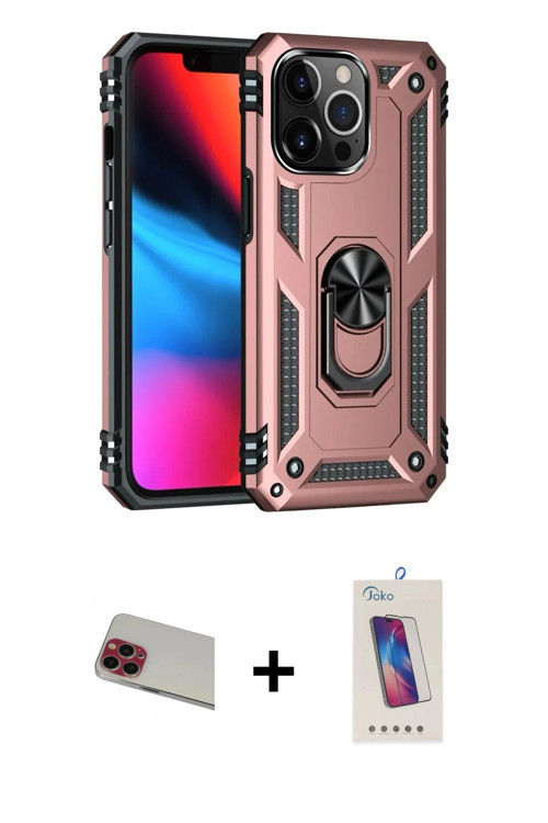 ieg™ iPhone 13 Pro Max Kılıf Ahenk Klasik Koleksiyonu - Siyah Joko 5D Cam + Kırmızı Rainbow Kamera L