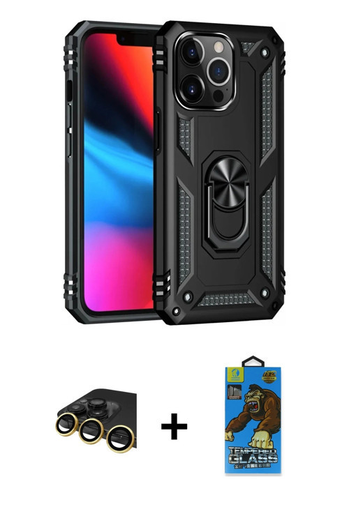 ieg™ iPhone 13 Pro Max Kılıf Ahenk Klasik Koleksiyonu - Siyah 18D Cam Ekran Koruyucu + Gold Raze Met