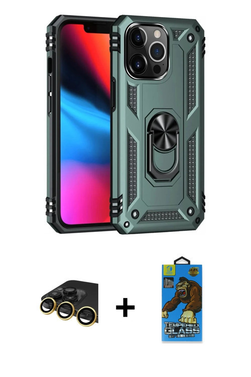 ieg™ iPhone 13 Pro Max Kılıf Ahenk Klasik Koleksiyonu - Siyah 18D Cam Ekran Koruyucu + Gold Raze Met