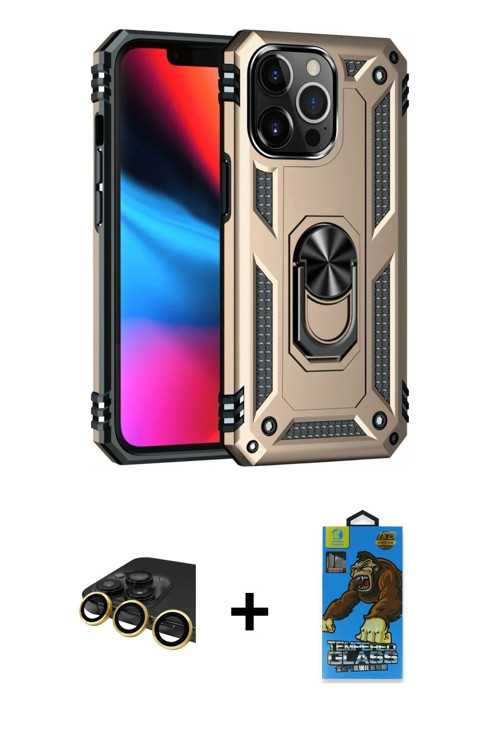 ieg™ iPhone 13 Pro Max Kılıf Ahenk Klasik Koleksiyonu - Siyah 18D Cam Ekran Koruyucu + Gold Raze Met