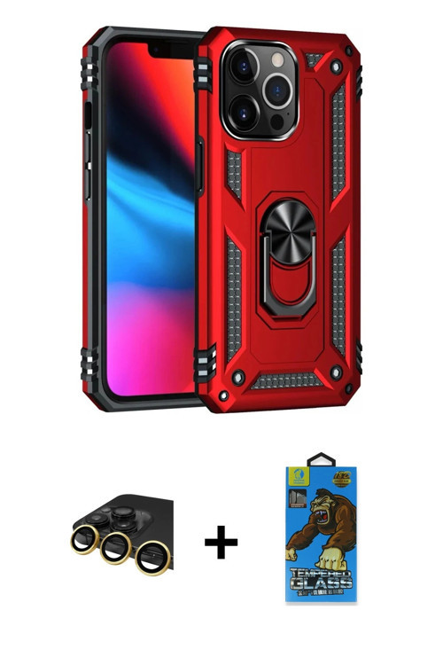 ieg™ iPhone 13 Pro Max Kılıf Ahenk Klasik Koleksiyonu - Siyah 18D Cam Ekran Koruyucu + Gold Raze Met