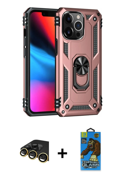 ieg™ iPhone 13 Pro Max Kılıf Ahenk Klasik Koleksiyonu - Siyah 18D Cam Ekran Koruyucu + Gold Raze Met