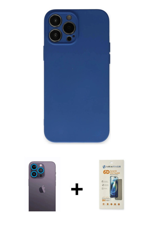 ieg™ iPhone 13 Pro Max Kılıf Ahenk Serisi - Siyah 6D Mat Seramik Hayalet Nano Ekran Koruyucu + Mavi