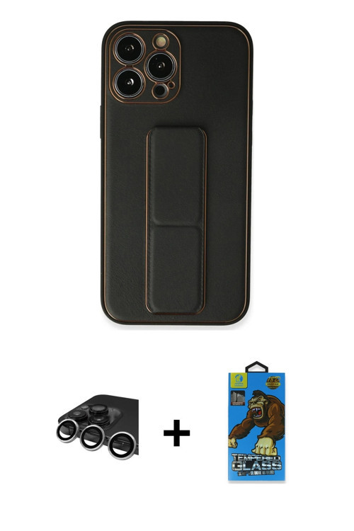 ieg™ iPhone 13 Pro Max Kılıf Akış Doku - Siyah 18D Cam Ekran Koruyucu + Gümüş Raze Metal Kamera Lens