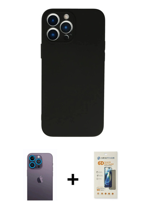 ieg™ iPhone 13 Pro Max Kılıf Ahenk Serisi - Siyah 6D Mat Seramik Hayalet Nano Ekran Koruyucu + Mavi