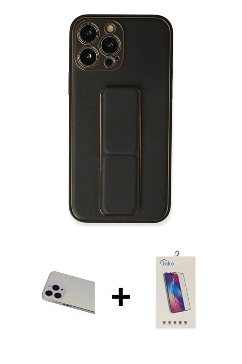 ieg™ iPhone 13 Pro Max Kılıf Akış Doku - Siyah Joko 5D Cam + Mor Rainbow Kamera Lens Koruma Cam