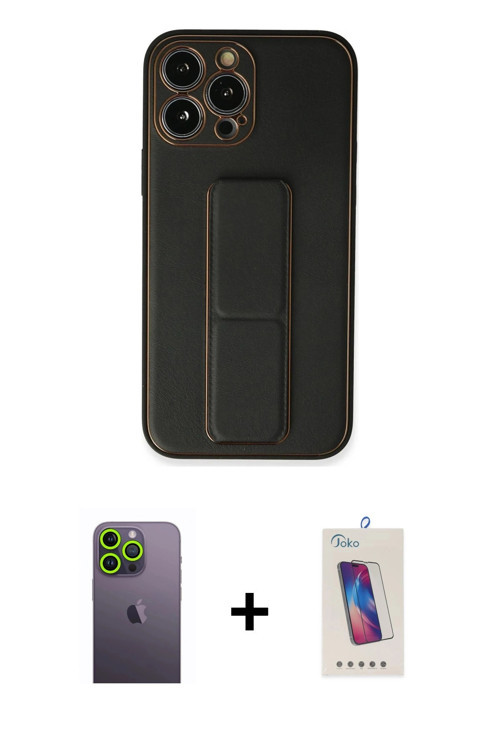 ieg™ iPhone 13 Pro Max Kılıf Akış Doku - Siyah Joko 5D Cam + Yeşil Neon Fosforlu Kamera Lens