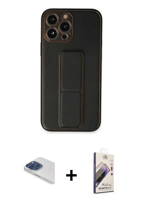 ieg™ iPhone 13 Pro Max Kılıf Akış Doku - Siyah Bilvis 3D Mat Cam Ekran Koruyucu + Lacivert Pers Alüm