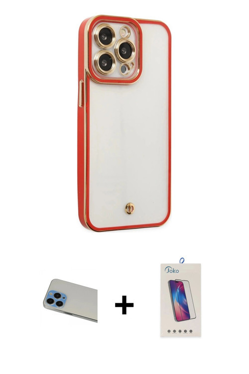 ieg™ iPhone 13 Pro Max Kılıf Çekirdek Klasik Serisi - Siyah Joko 5D Cam + Mavi Rainbow Kamera Lens K