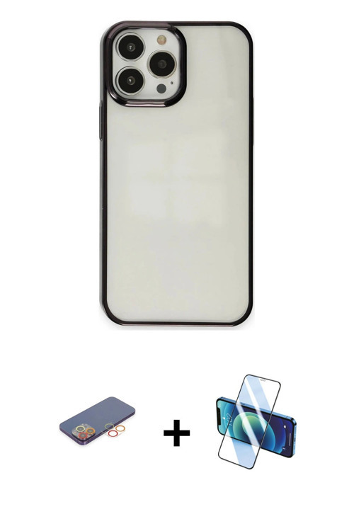 ieg™ iPhone 13 Pro Max Kılıf Doruk Doku Prime - Siyah 3D Antistatik Cam Ekran Koruyucu + Turuncu Ren
