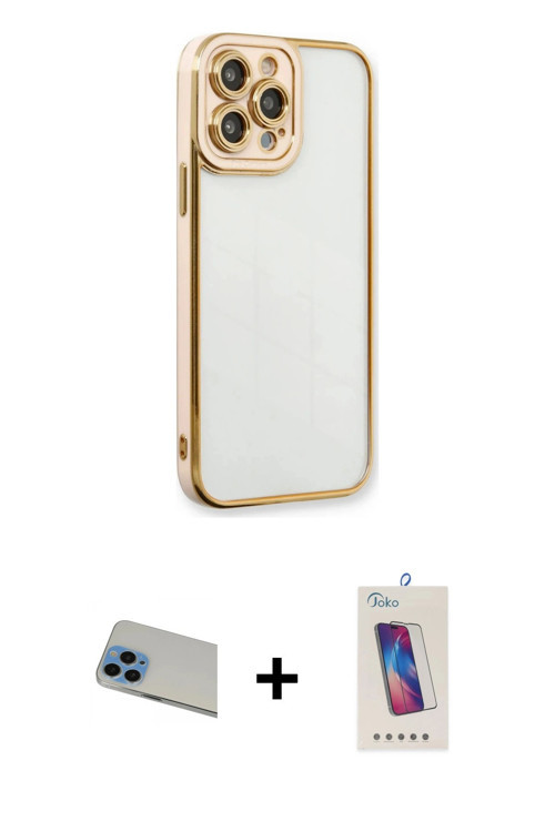 ieg™ iPhone 13 Pro Max Kılıf Çekirdek Klasik Serisi - Siyah Joko 5D Cam + Mavi Rainbow Kamera Lens K
