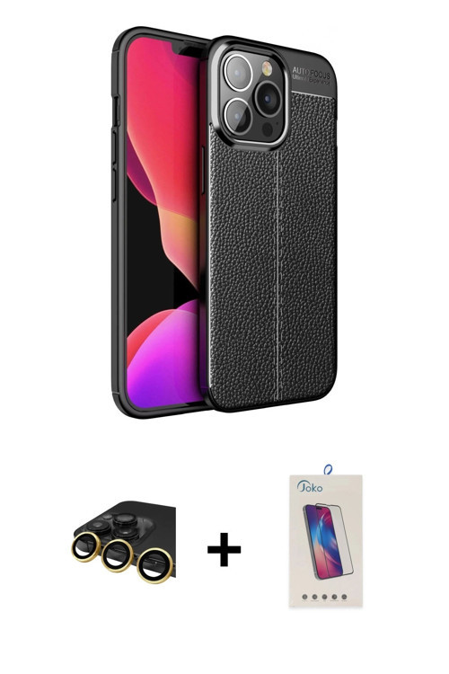 ieg™ iPhone 13 Pro Max Kılıf Doruk Klasik Özel Seri - Siyah Joko 5D Cam + Gold Raze Metal Kamera Len