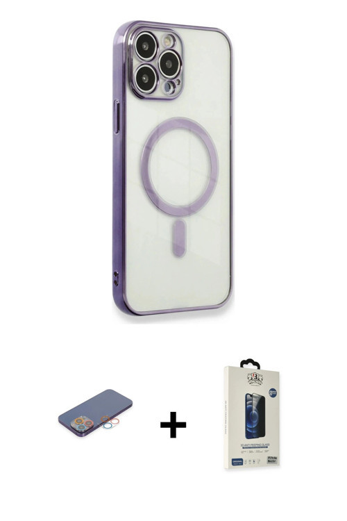 ieg™ iPhone 13 Pro Max Kılıf Doruk Minimal - Siyah Bilvis Hayalet Cam Ekran Koruyucu + Pembe Renkli