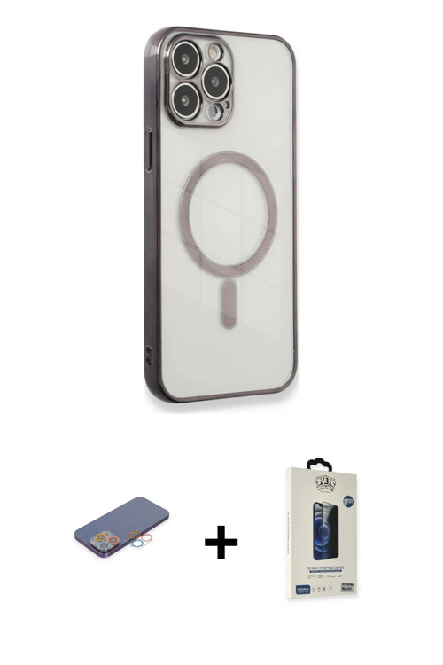ieg™ iPhone 13 Pro Max Kılıf Doruk Minimal - Siyah Bilvis Hayalet Cam Ekran Koruyucu + Pembe Renkli
