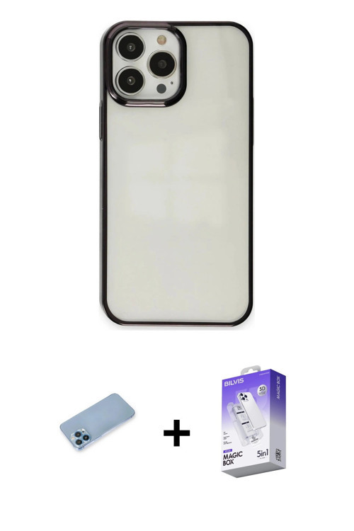 ieg™ iPhone 13 Pro Max Kılıf Doruk Doku Prime - Siyah Bilvis 5in1 3D Magic Cam Ekran Koruyucu + Mavi