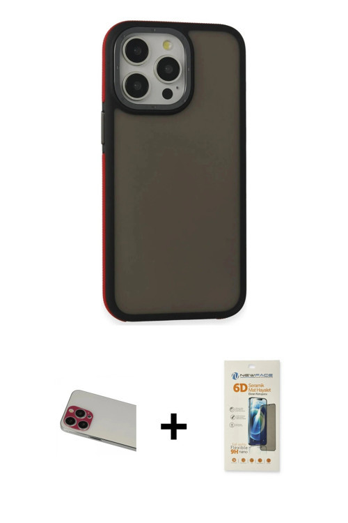 ieg™ iPhone 13 Pro Max Kılıf Eksen Işık - Siyah 6D Mat Seramik Hayalet Nano Ekran Koruyucu + Kırmızı