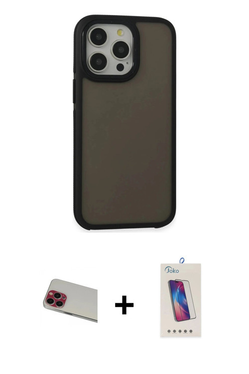 ieg™ iPhone 13 Pro Max Kılıf Eksen Işık - Siyah Joko 5D Cam + Kırmızı Rainbow Kamera Lens Koruma Cam
