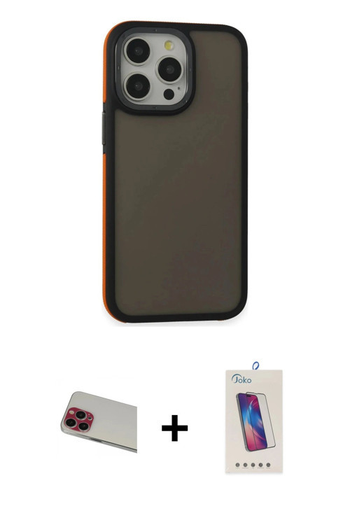 ieg™ iPhone 13 Pro Max Kılıf Eksen Işık - Siyah Joko 5D Cam + Kırmızı Rainbow Kamera Lens Koruma Cam