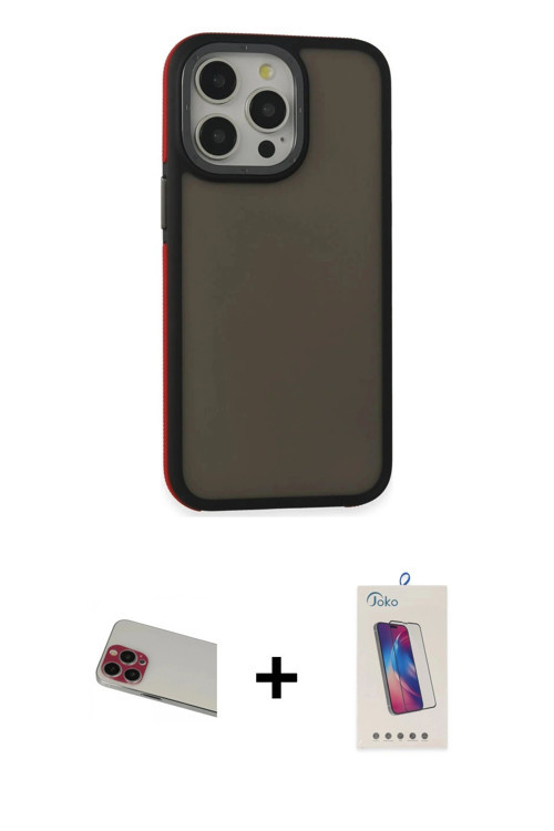 ieg™ iPhone 13 Pro Max Kılıf Eksen Işık - Siyah Joko 5D Cam + Kırmızı Rainbow Kamera Lens Koruma Cam