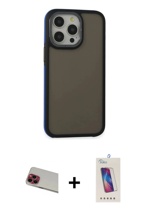 ieg™ iPhone 13 Pro Max Kılıf Eksen Işık - Siyah Joko 5D Cam + Kırmızı Rainbow Kamera Lens Koruma Cam