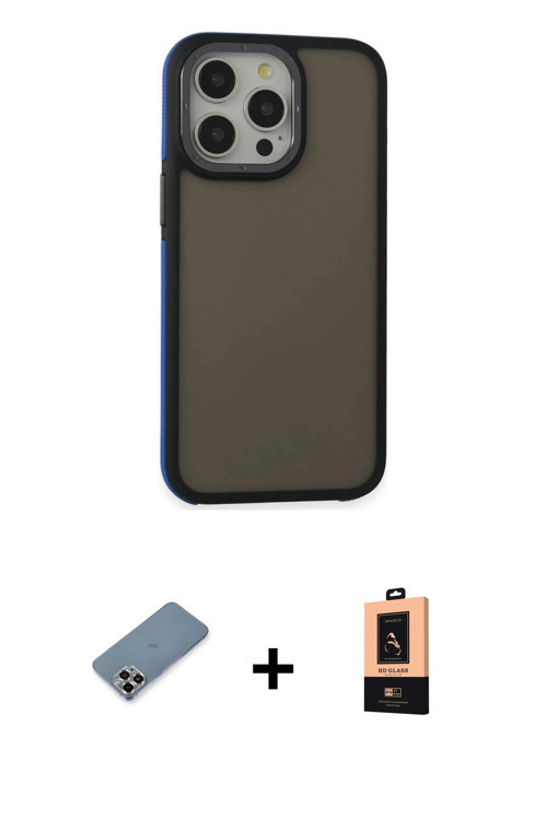 ieg™ iPhone 13 Pro Max Kılıf Eksen Işık - Şeffaf Maxco Cam Ekran Koruyucu + Mor Metal Kamera Lens Ko