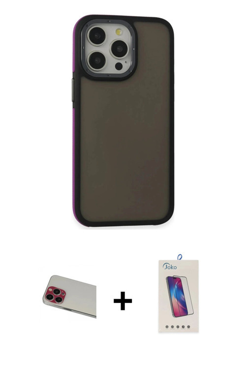ieg™ iPhone 13 Pro Max Kılıf Eksen Işık - Siyah Joko 5D Cam + Kırmızı Rainbow Kamera Lens Koruma Cam