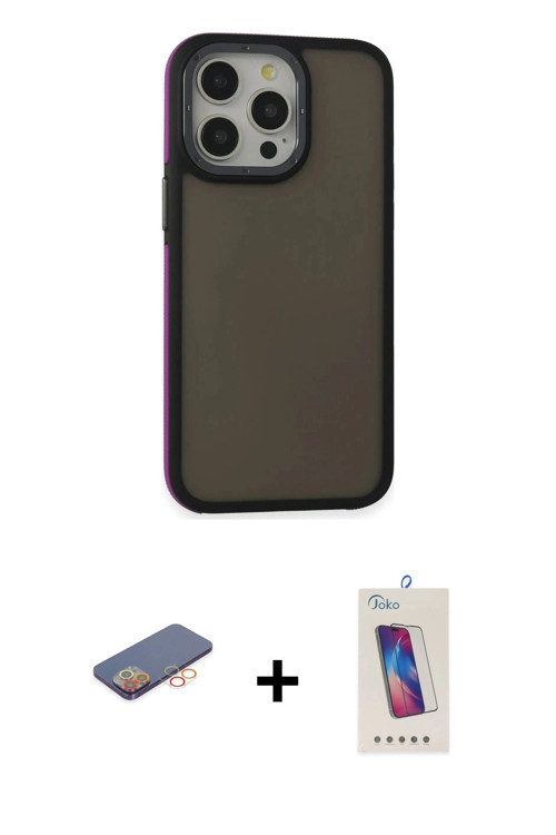 ieg™ iPhone 13 Pro Max Kılıf Eksen Işık - Siyah Joko 5D Cam + Turuncu Renkli Kamera Lens Koruma Cam